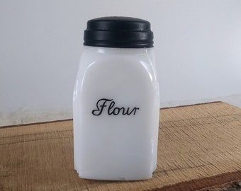 Vintage glass shaker, McKee Art Deco vintage milk glass flour shaker with classic Roman Arch sides, 1930's