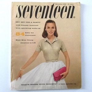 Seventeen Magazine 1956 November, Oversize pages, fashion and shopping tips! Mid Century Modern advertising,