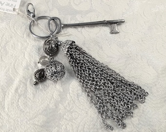 Skeleton key and tassel purse charm, zipper pull, key ring, large with vintage beads, one of a kind, handmade