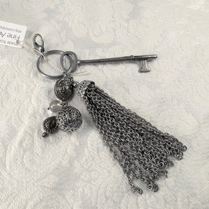 Skeleton key and tassel purse charm, zipper pull, key ring, large with vintage beads, one of a kind, handmade image 1