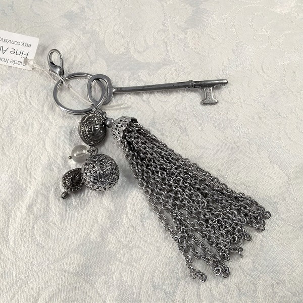 Skeleton key and tassel purse charm, zipper pull, key ring, large with vintage beads, one of a kind, handmade