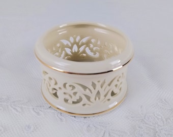 Lenox votive candle or tea light holder, vintage pierced ivory ceramic, Off white porcelain with two 24K gold bands, gold rimmed,