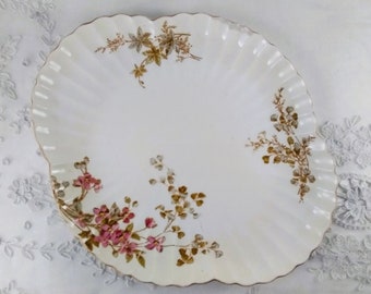 Brownfield and Son platter, Staffordshire, England, 1850-1899 scalloped porcelain tray, with floral sprays of pink and blue, green leaves,