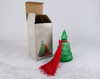 Rare Christmas Tree perfume bottle with dauber Vintage Falcon Silvestri frosted green glass bottle with red silk tassel in original box