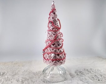 Upcycled mini sequin Christmas tree, 11 inches tall, pinks, white with vintage beads and pearls on a clear glass base