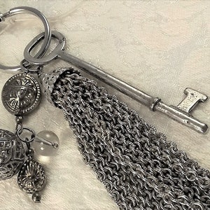 Skeleton key and tassel purse charm, zipper pull, key ring, large with vintage beads, one of a kind, handmade image 5