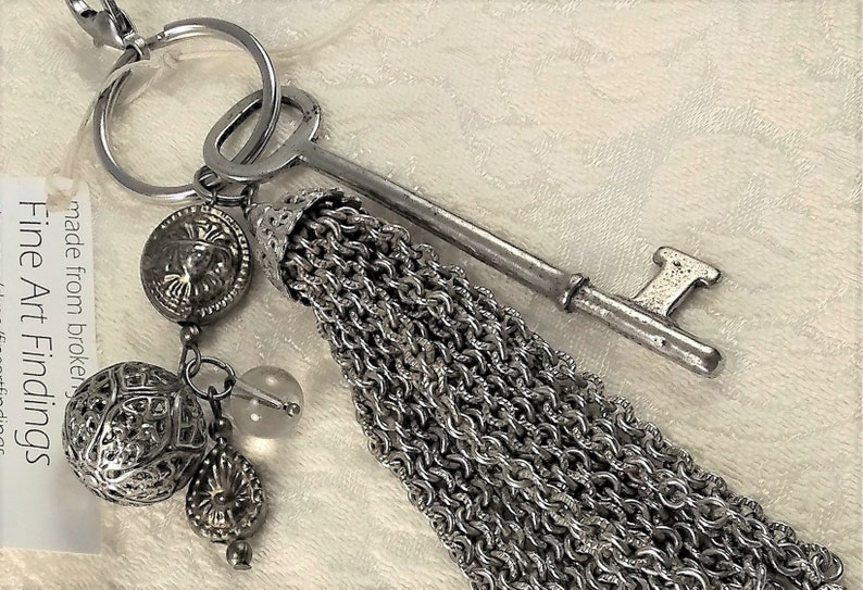 Skeleton key and tassel purse charm, zipper pull, key ring, large with vintage beads, one of a kind, handmade image 5