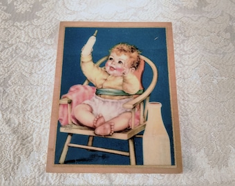 Wooden Charlotte Becker Baby plaque, perfect for the nursery, gift for new parents, small antique baby painting with a bottle, high chair