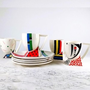 Fujimori for Kato Kogei set of four plates and mugs Alpha 31980s Memphis USA post modern mid century Art Deco vintage luncheon set