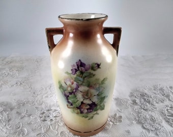 Small double handled vase, vintage urn, made in Czechoslovakia, with beautiful flowers and wild roses with leaves transferred to the front