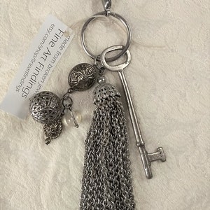 Skeleton key and tassel purse charm, zipper pull, key ring, large with vintage beads, one of a kind, handmade image 7
