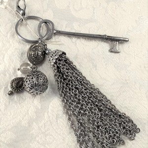 Skeleton key and tassel purse charm, zipper pull, key ring, large with vintage beads, one of a kind, handmade image 2