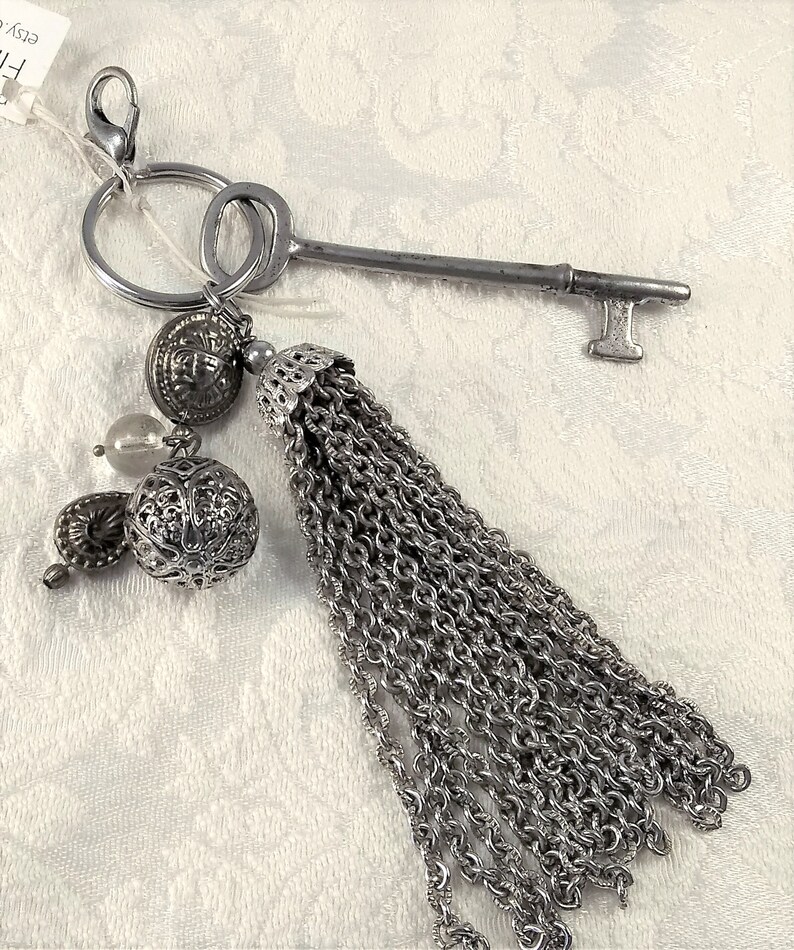 Skeleton key and tassel purse charm, zipper pull, key ring, large with vintage beads, one of a kind, handmade image 2