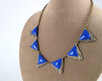 Vintage J Crew necklace, Vivid Blue triangular statement necklace with rounded sections covered in diamonds, rhinestones