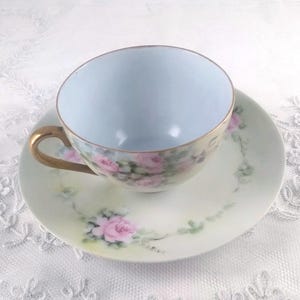 Imperial Crown PSL Empire Austria signed cup and saucer / plate with pink roses and blue purple flowers