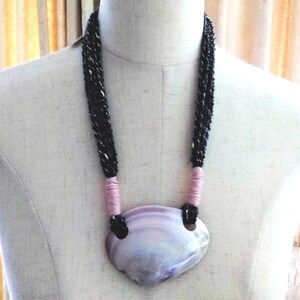 Large Shell Necklace: Gray & Pale Pink Woven Cord, Mother of Pearl Button