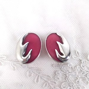 Ture Designs Sterling Silver Modernist Clip-ons, Pink Raspberry Colored Vintage 1980s Earrings