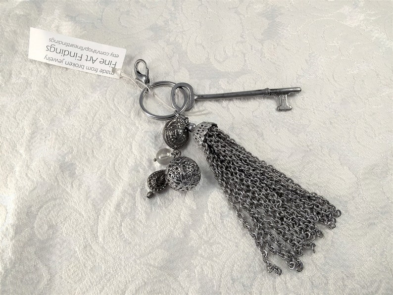 Skeleton key and tassel purse charm, zipper pull, key ring, large with vintage beads, one of a kind, handmade image 1