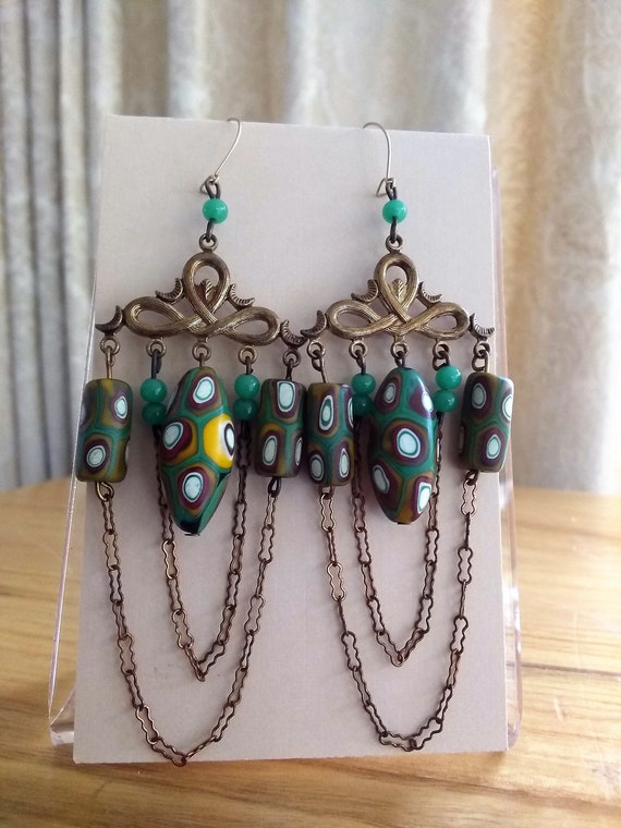 Antique Venetian Trade Bead earrings, olive green 