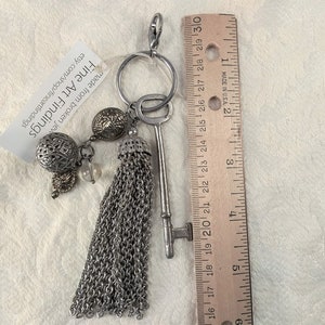 Skeleton key and tassel purse charm, zipper pull, key ring, large with vintage beads, one of a kind, handmade image 9