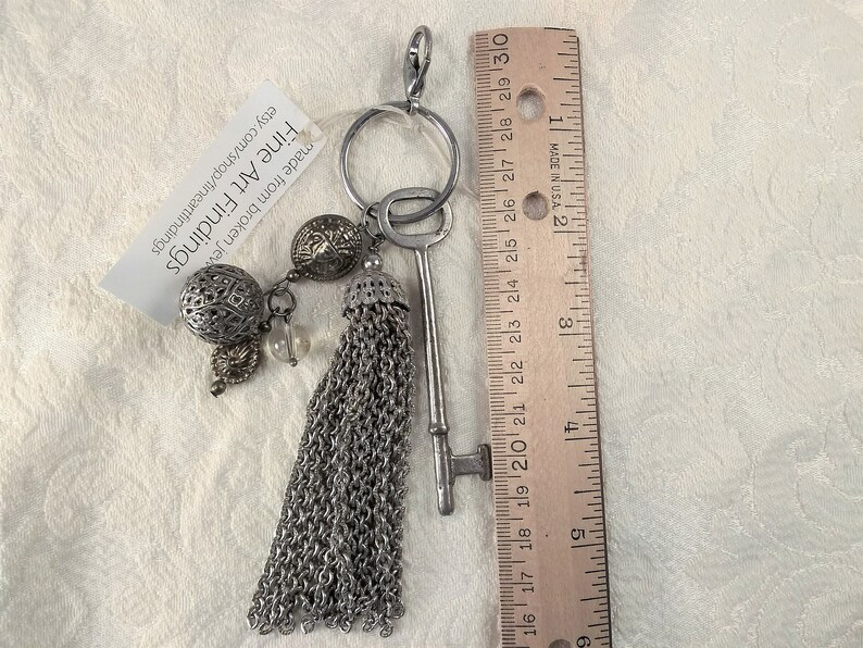 Skeleton key and tassel purse charm, zipper pull, key ring, large with vintage beads, one of a kind, handmade image 9