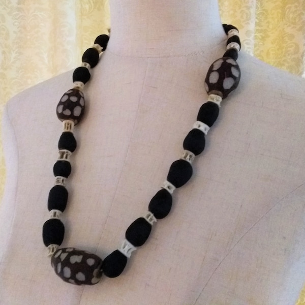 Beaded Tribal necklace, vintage African Safari statement necklace made from wood, seeds, bone, etc in off white and dark brown