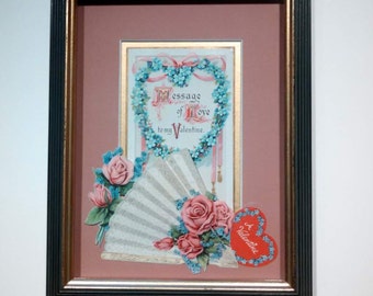Vintage Roses valentine card shadowbox frame in pink, black and gold