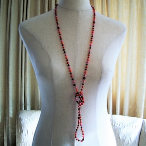 Long beaded necklace, opaque reds, pinks, rose and browns, stunning, 1940's image 1