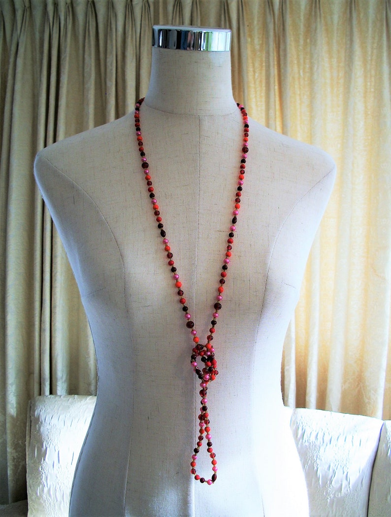 Long beaded necklace, opaque reds, pinks, rose and browns, stunning, 1940's image 5