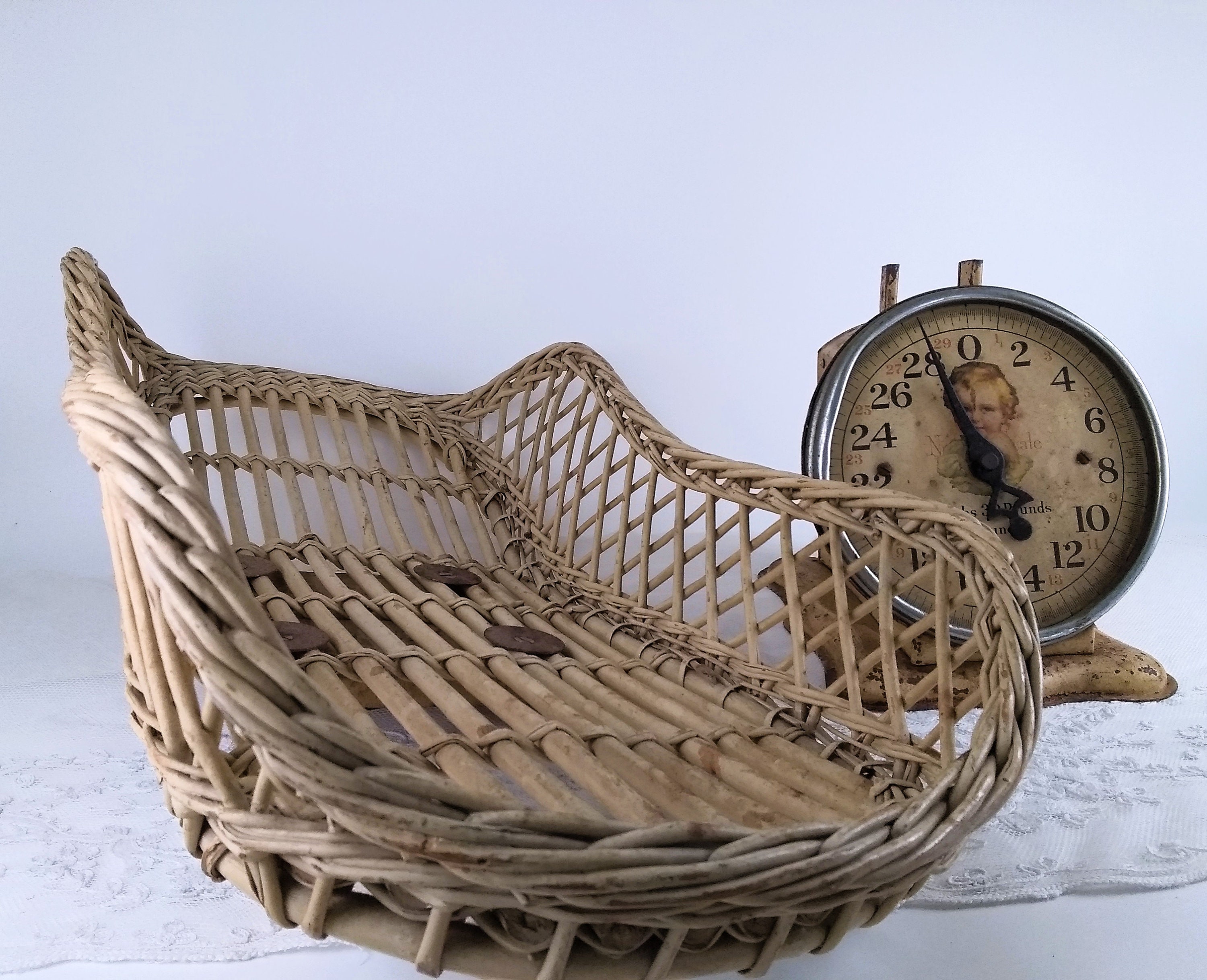 Vintage Wicker Baby Scale With the Sweetest Baby Face, Very