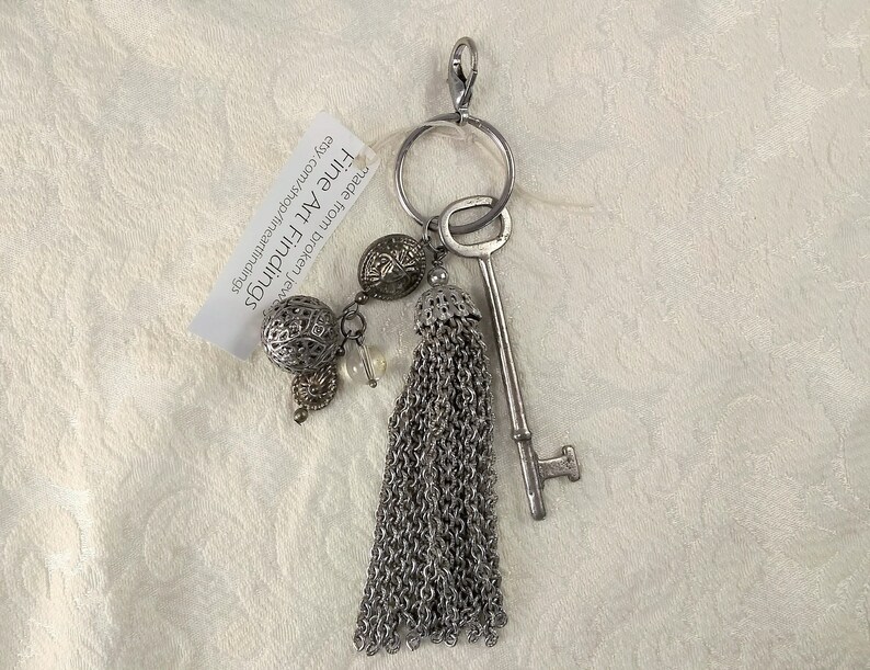 Skeleton key and tassel purse charm, zipper pull, key ring, large with vintage beads, one of a kind, handmade image 8