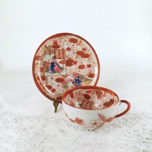 Antique Oriental cup and saucer, Fabulously hand decorated and hand painted porcelain, painted inside and out, flowers, people and settings