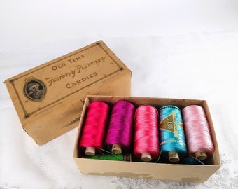 Tattered Fanny Farmer Chocolates Box full of colorful thread! 10 spools of 880 yards of Iris rayon thread, more