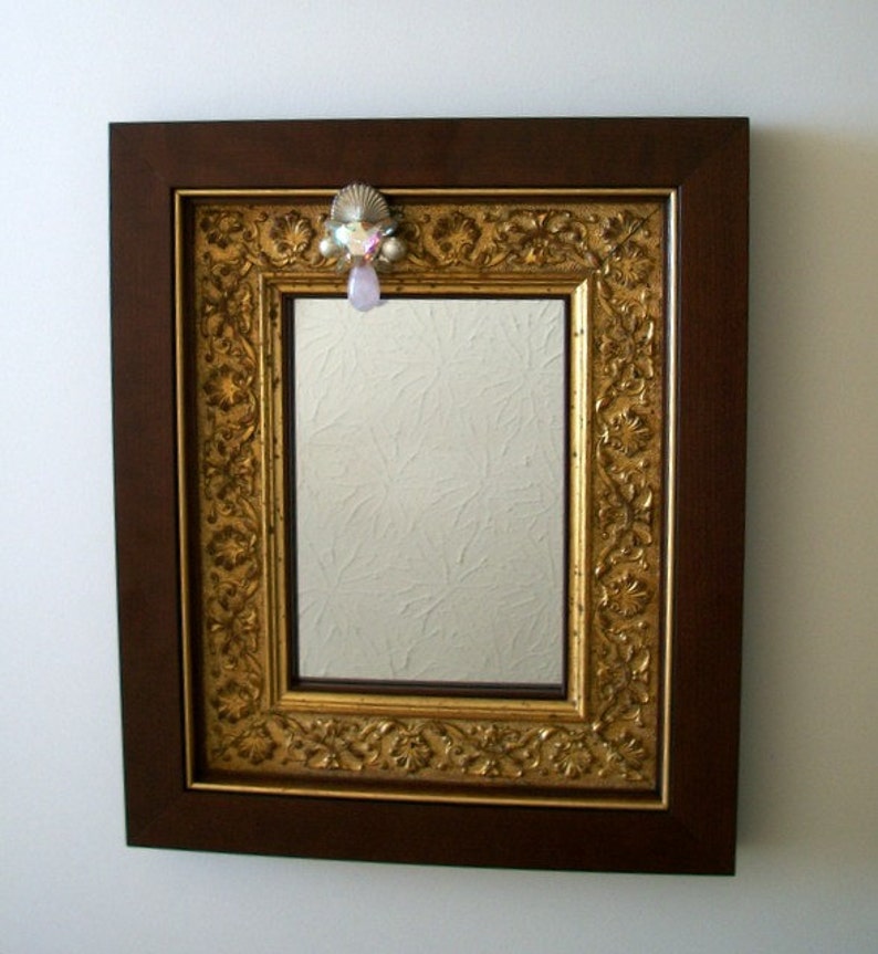 Mirror With Ornate Gold And Walnut Frame Vintage Crystal Stone Pin