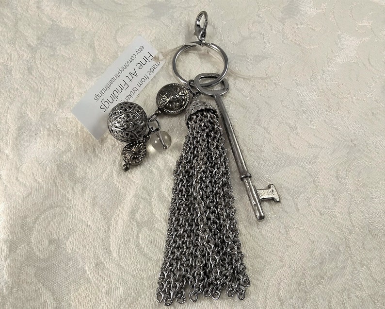 Skeleton key and tassel purse charm, zipper pull, key ring, large with vintage beads, one of a kind, handmade image 6