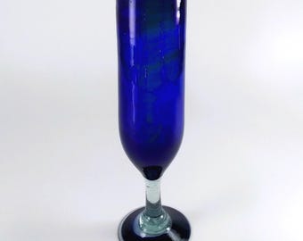 Handblown Cobalt Blue Art Glass Vase: Swirled Vintage Flute Bud Vase