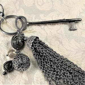 Skeleton key and tassel purse charm, zipper pull, key ring, large with vintage beads, one of a kind, handmade image 3