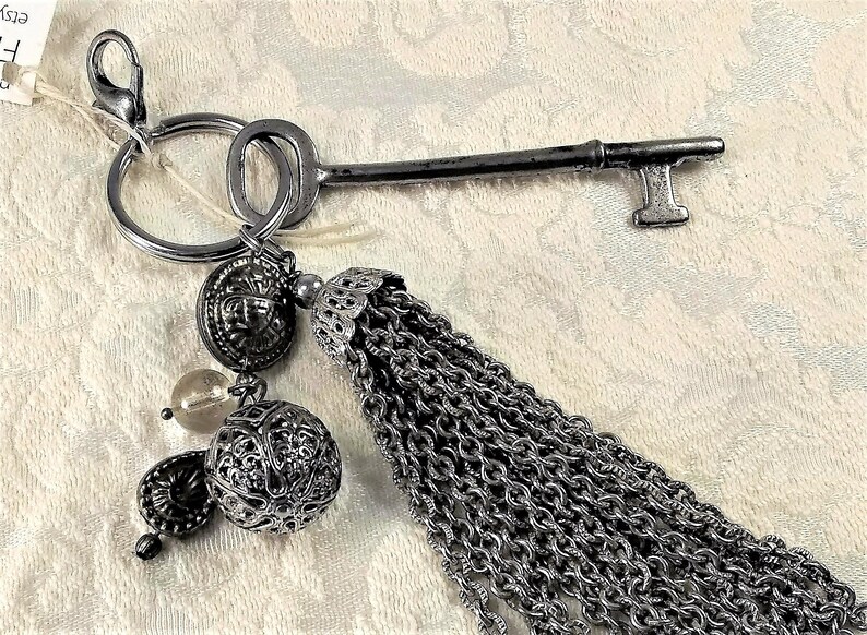 Skeleton key and tassel purse charm, zipper pull, key ring, large with vintage beads, one of a kind, handmade image 3