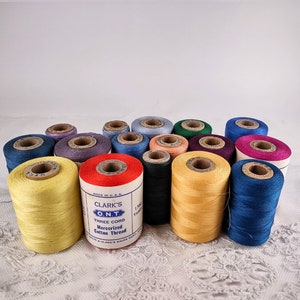 Lot of 16 Clark&#39;s O. N. T. Three Cord Mercerized Cotton Thread, size 00, extra large spools, 1700 yards original, made in U. S. A.