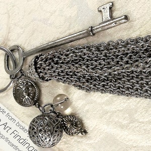 Skeleton key and tassel purse charm, zipper pull, key ring, large with vintage beads, one of a kind, handmade image 4