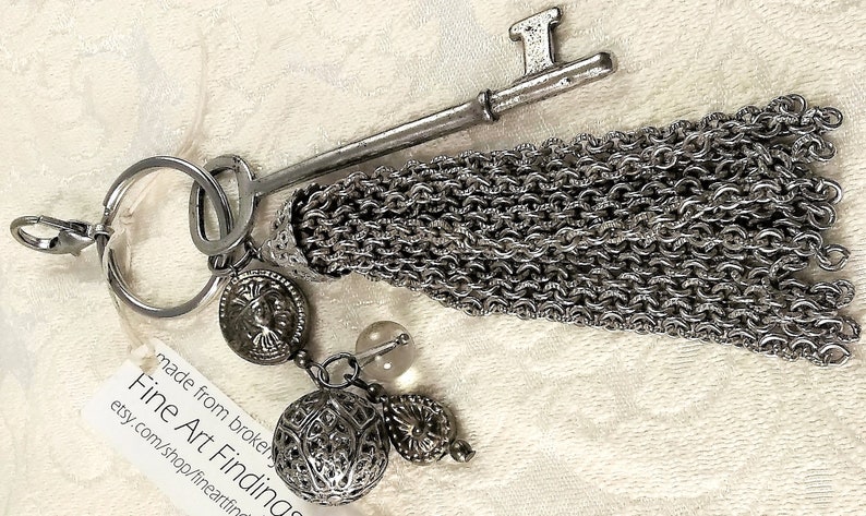 Skeleton key and tassel purse charm, zipper pull, key ring, large with vintage beads, one of a kind, handmade image 4