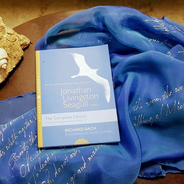 Richard Bach, Jonathan Livingston Seagull, Literary Scarf, Hand Painted Silk Extra Large Gift-Wrapped, READY to Ship Immediately