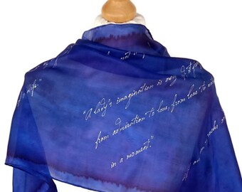 Pride and Prejudice Jane Austen Book Scarf,  Hand Painted Extra Large Silk Scarf 18X72 inch Gift-Wrapped,