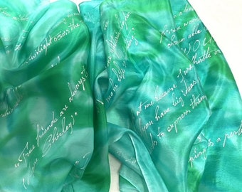 Book Scarf, Anne of Green Gables, Lucy Montgomery Quots literary Hand Painted  Silk Scarf 18X72 inch Gift-Wrapped, more color avaliable