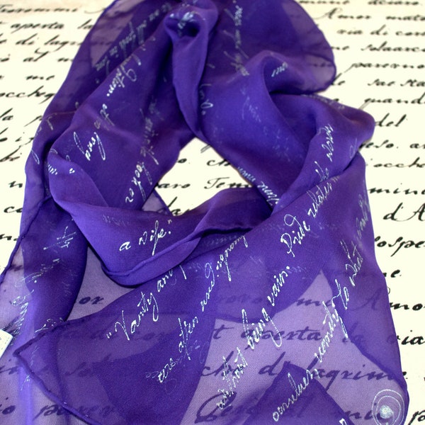 The Raven, Edgar Allan Poe Gothic Literary Poetry Hand Painted dark blue Silk Scarf Gift-Wrapped, READY to Ship Immediately