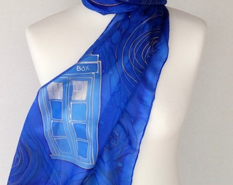 Doctor Who Tardis Hand Painted Silk Scarf gift for teen Gift-Wrapped, READY to Ship Immediately