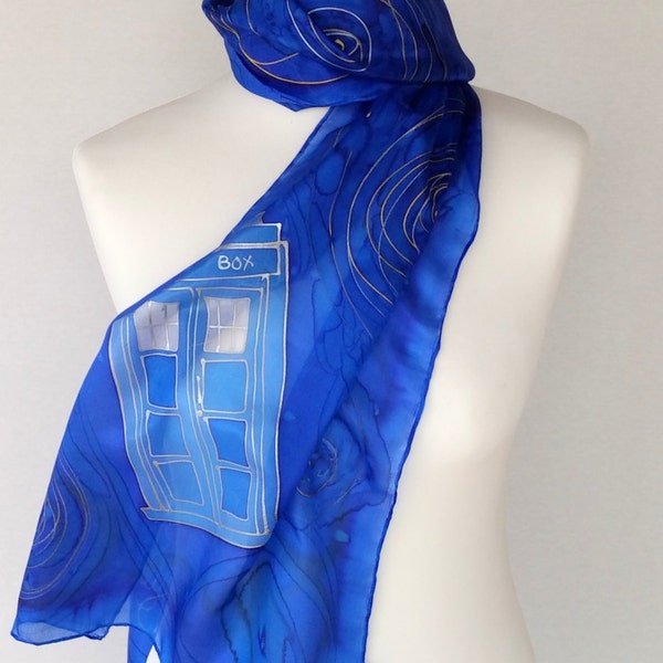 Doctor Who Tardis Hand Painted Silk Scarf gift for teen Gift-Wrapped, READY to Ship Immediately