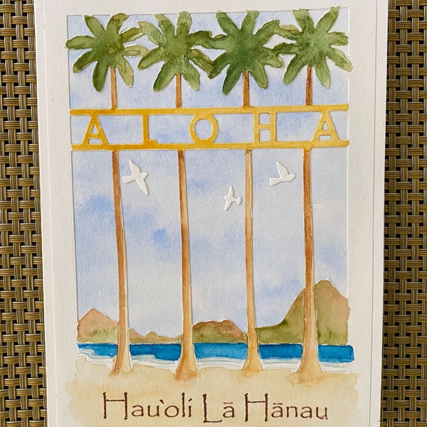 Birthday card with tropical beach scene handmade in Hawaii: "Hau'oli La Hanau" (Happy Birthday)