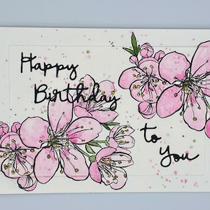 Birthday card with cherry blossom flowers (sakura) var. 1 handmade in Hawaii: &quot;Happy Birthday to You&quot;