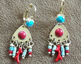 Little earrings with tassel pendant, gold, turquoise and red, Native American inspired jewelry, Weetamoo